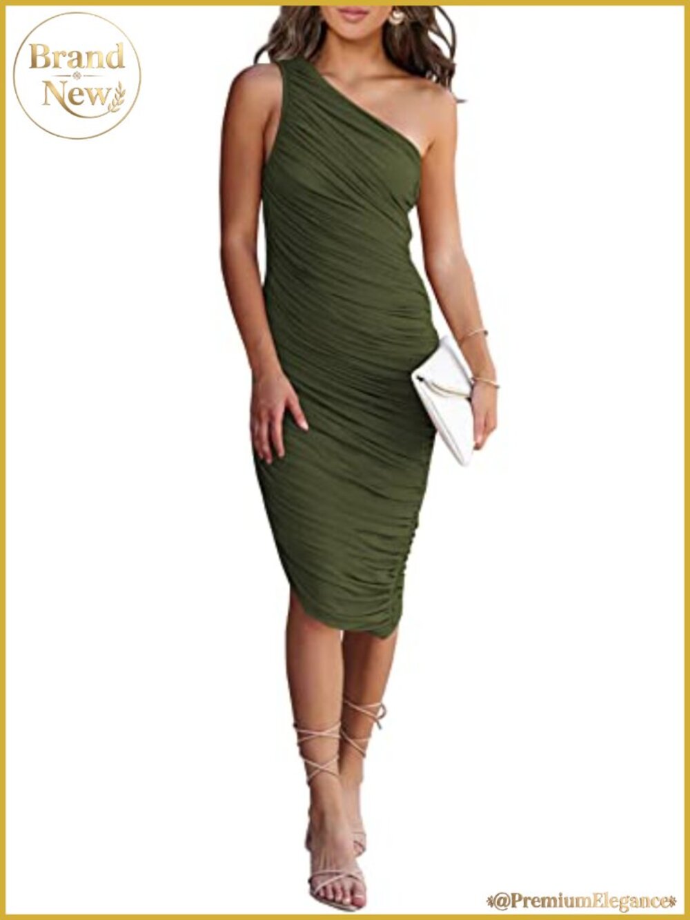 Women One Shoulder Ruched Bodycon Midi Pencil Dress Sleeveless Summer Party